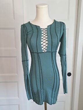 Long-Sleeve Teal Lace-Up Bodycon Dress